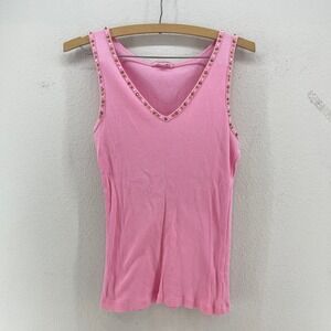 Y2K Energie Pink Ribbed V Neck Tank Top Embellished Beaded Sleeveless L McBling